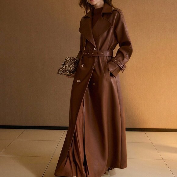 Brown Elegant Women's Double Breasted Belted Trench Coat - Picture 4 of 8